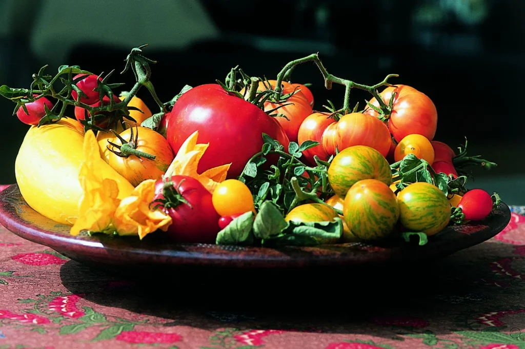 Plat de tomates de différentes couleurs et variétés