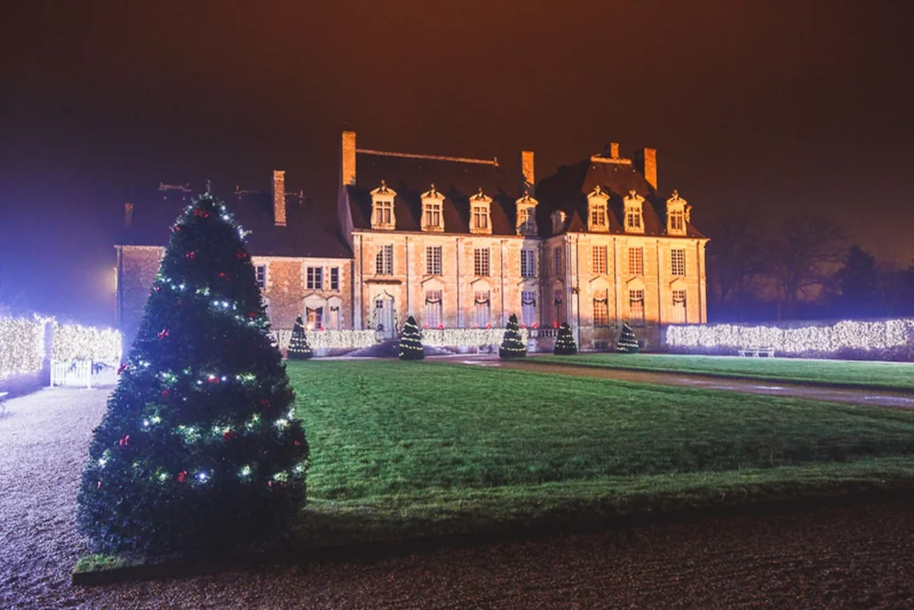 Chateau illuminé la nuit avec des sapins