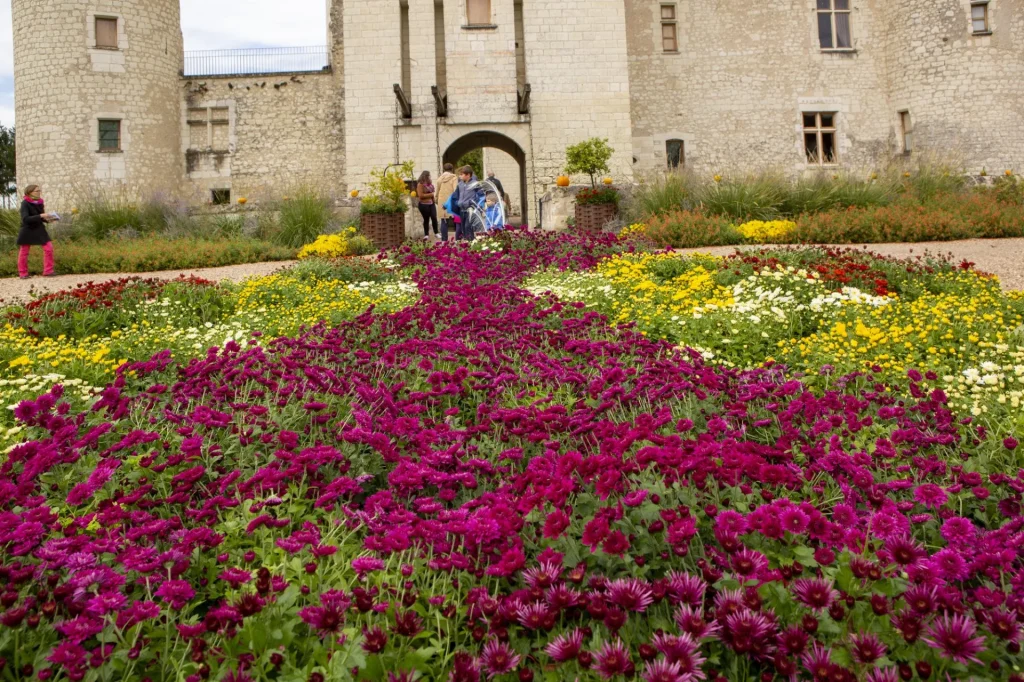 Parterre de fleurs de toutes le couleurs devant l'entrée du chateau