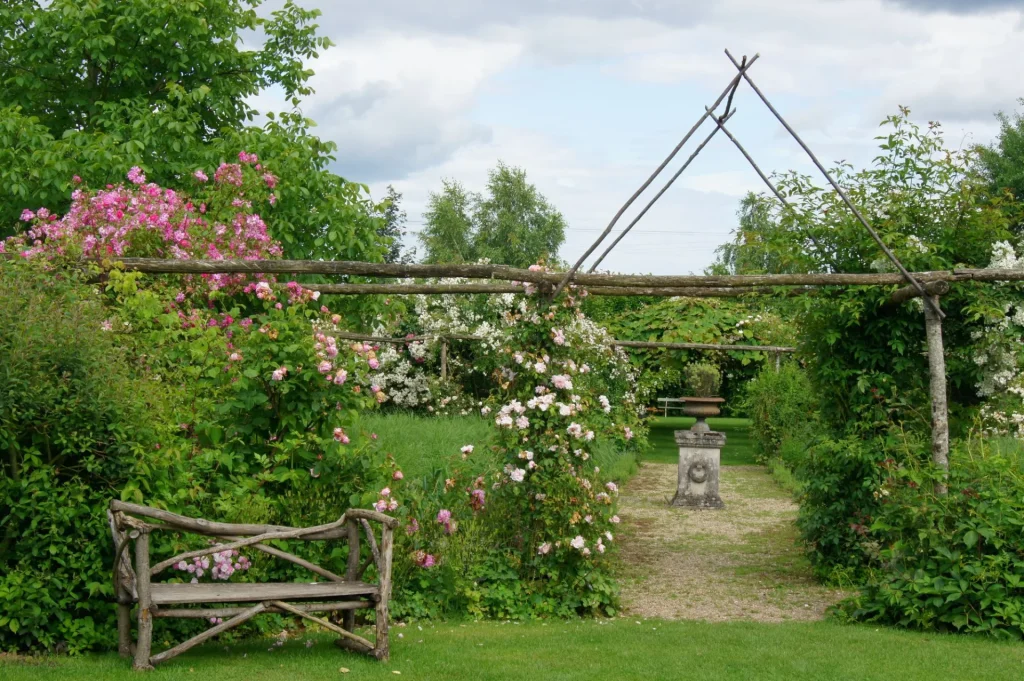 Banc de bois devant une haie de fleurs