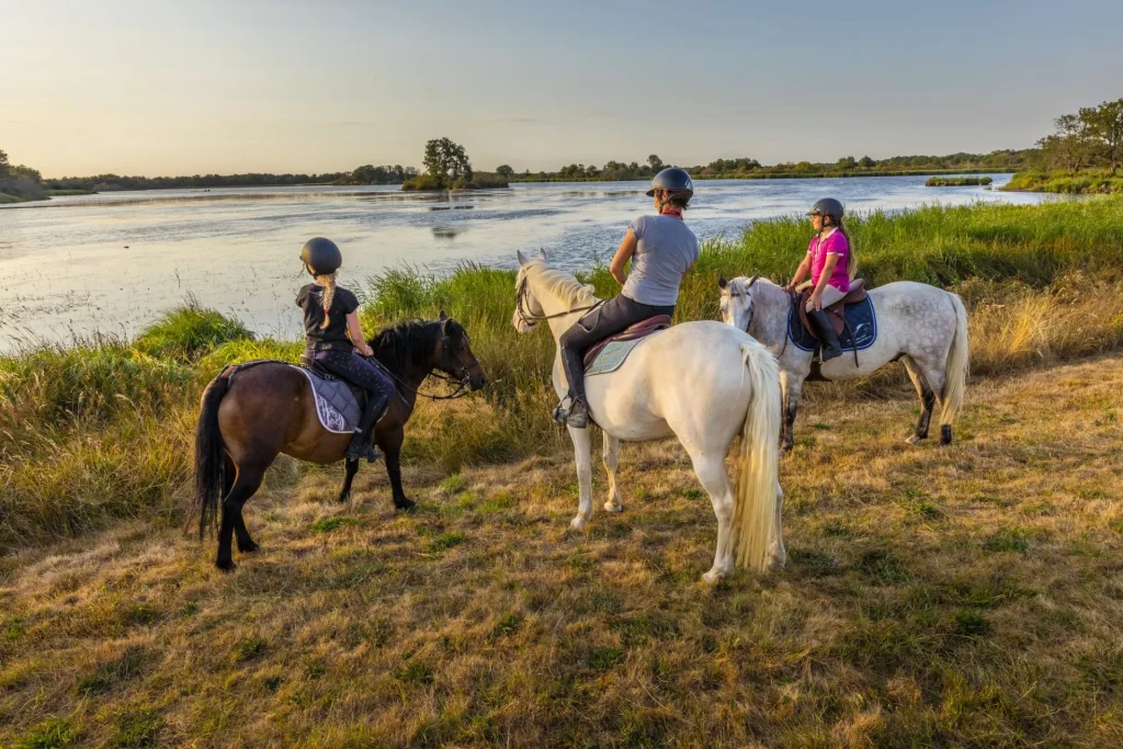 2 enfants sur des poneys avec une adulte à cheval au bord d'un étang