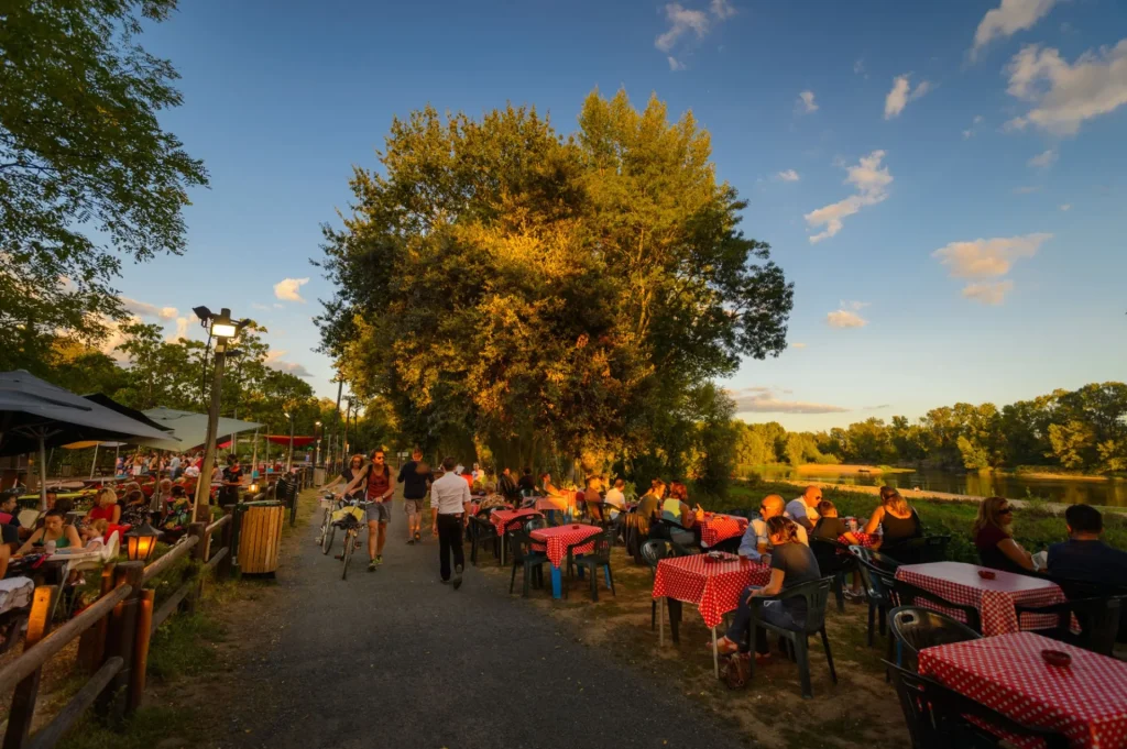 Bords de Loire, groupes de personnes qui profitent de la soirée à la guinguette