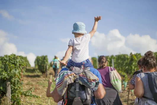 Enfant qui lève les bras sur les épaules d'un adulte lors d'une randonnée Vignes Vins Randos