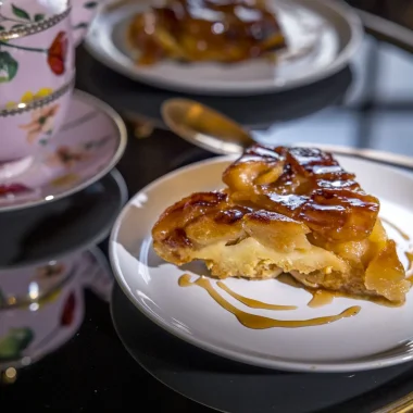 Part de tarte Tatin dans une assiette, à la Maison Tatin